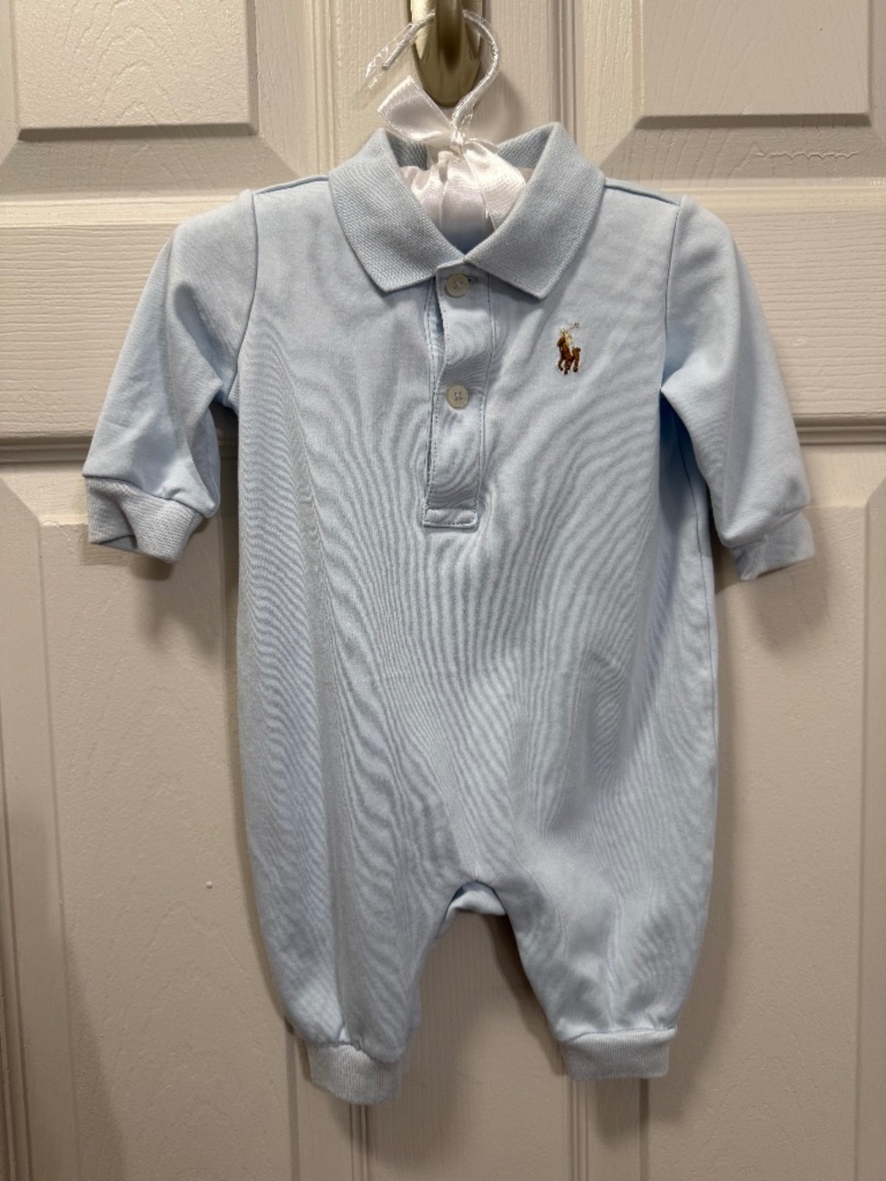 Ralph Lauren Blue Infant Onesie with Satin Hanger. Size 3 months. NWT